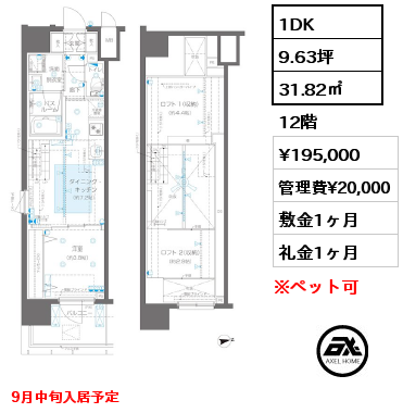 1DK 31.82㎡ 12階 賃料¥195,000 管理費¥20,000 敷金1ヶ月 礼金1ヶ月