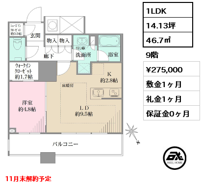 1LDK 46.7㎡ 9階 賃料¥275,000 敷金1ヶ月 礼金1ヶ月 11月末解約予定