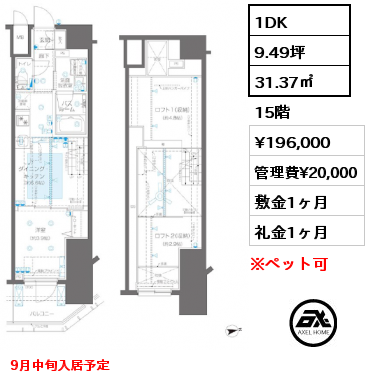 1DK 31.37㎡ 15階 賃料¥196,000 管理費¥20,000 敷金1ヶ月 礼金1ヶ月