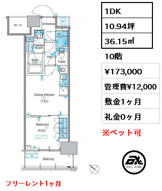 1DK 36.15㎡ 10階 賃料¥173,000 管理費¥12,000 敷金1ヶ月 礼金0ヶ月 フリーレント1ヶ月