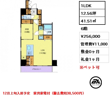 1LDK 41.51㎡ 6階 賃料¥256,000 管理費¥11,000 敷金0ヶ月 礼金1ヶ月 12月上旬入居予定　家具家電付（撤去費用38,500円）