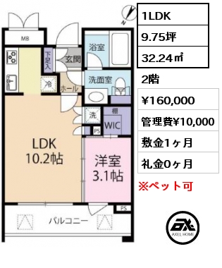 間取り5 1LDK 32.24㎡ 2階 賃料¥160,000 管理費¥10,000 敷金1ヶ月 礼金0ヶ月