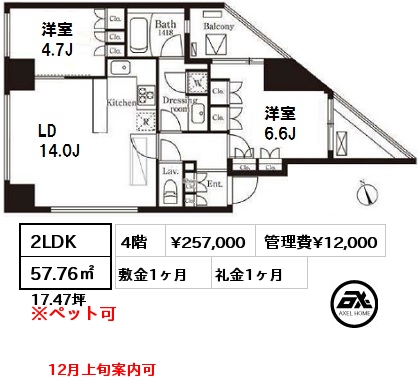 間取り5 2LDK 57.76㎡ 4階 賃料¥257,000 管理費¥12,000 敷金1ヶ月 礼金1ヶ月 12月上旬案内可　　　