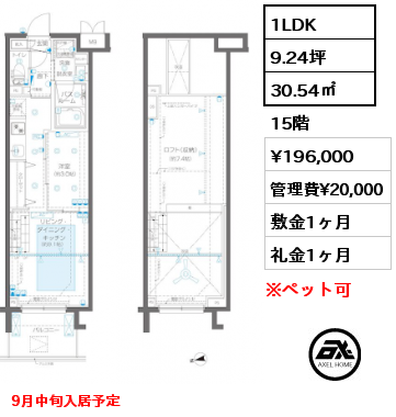 1LDK 30.54㎡ 15階 賃料¥196,000 管理費¥20,000 敷金1ヶ月 礼金1ヶ月 9月中旬入居予定