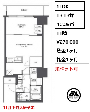 1LDK 43.39㎡ 11階 賃料¥270,000 敷金1ヶ月 礼金1ヶ月 11月下旬入居予定