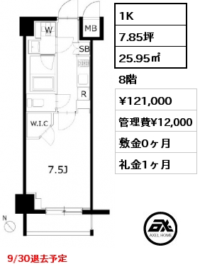 1K 25.95㎡ 8階 賃料¥121,000 管理費¥12,000 敷金0ヶ月 礼金1ヶ月 9/30退去予定