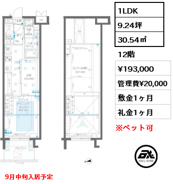 1LDK 30.54㎡ 12階 賃料¥193,000 管理費¥20,000 敷金1ヶ月 礼金1ヶ月 9月中旬入居予定