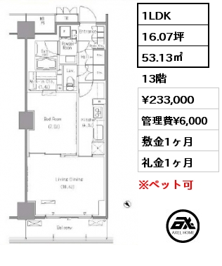 1LDK 53.13㎡ 13階 賃料¥233,000 管理費¥6,000 敷金1ヶ月 礼金1ヶ月