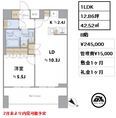 1LDK 42.52㎡ 8階 賃料¥245,000 管理費¥15,000 敷金1ヶ月 礼金1ヶ月 2月末より内見可能予定