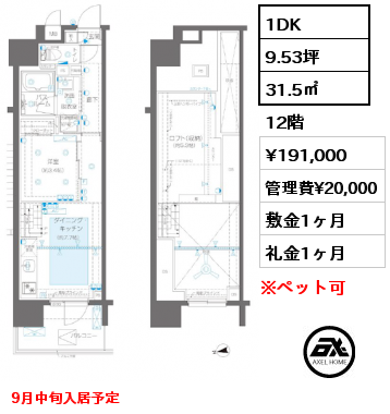 1DK 31.5㎡ 12階 賃料¥191,000 管理費¥20,000 敷金1ヶ月 礼金1ヶ月 9月中旬入居予定