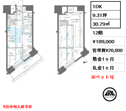 1DK 30.79㎡ 12階 賃料¥189,000 管理費¥20,000 敷金1ヶ月 礼金1ヶ月 9月中旬入居予定