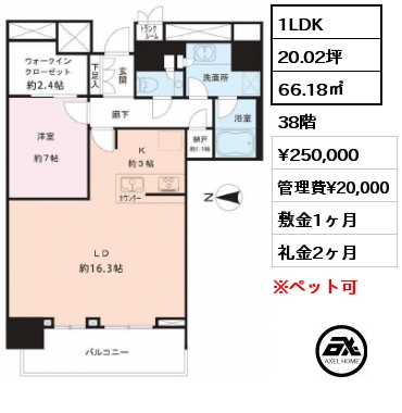 1LDK 66.18㎡ 38階 賃料¥250,000 管理費¥20,000 敷金1ヶ月 礼金2ヶ月