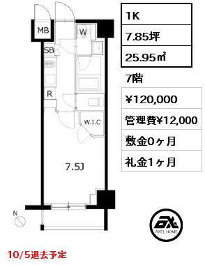 1K 25.95㎡ 7階 賃料¥120,000 管理費¥12,000 敷金0ヶ月 礼金1ヶ月 10/5退去予定