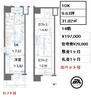 1DK 31.82㎡ 14階 賃料¥197,000 管理費¥20,000 敷金1ヶ月 礼金1ヶ月 ロフト付