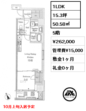 間取り6 1LDK 50.58㎡ 5階 賃料¥262,000 管理費¥15,000 敷金1ヶ月 礼金0ヶ月 10月上旬入居予定