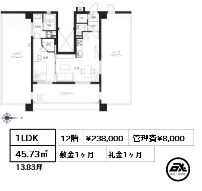 1LDK 45.73㎡ 12階 賃料¥238,000 管理費¥8,000 敷金1ヶ月 礼金1ヶ月