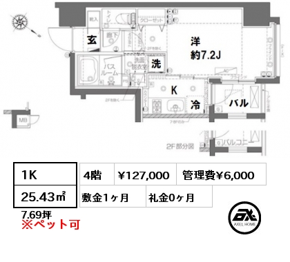 間取り6 1K 25.43㎡ 4階 賃料¥127,000 管理費¥6,000 敷金1ヶ月 礼金0ヶ月