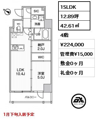 間取り6 1SLDK 42.61㎡ 4階 賃料¥224,000 管理費¥15,000 敷金0ヶ月 礼金0ヶ月 1月下旬入居予定