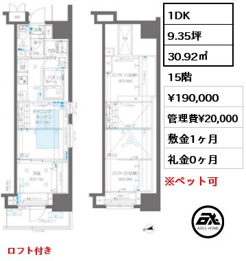 1DK 30.92㎡ 15階 賃料¥190,000 管理費¥20,000 敷金1ヶ月 礼金0ヶ月 ロフト付き