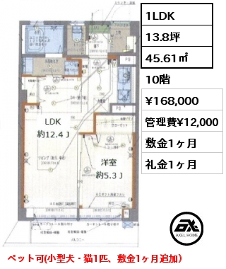 間取り6 1LDK 45.61㎡ 10階 賃料¥168,000 管理費¥12,000 敷金1ヶ月 礼金1ヶ月 ペット可(小型犬・猫1匹、敷金1ヶ月追加）