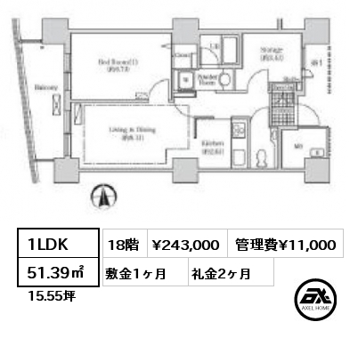 1LDK 51.39㎡ 18階 賃料¥243,000 管理費¥11,000 敷金1ヶ月 礼金2ヶ月
