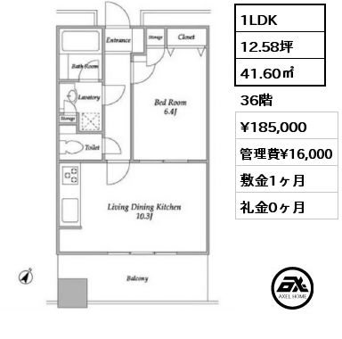 1LDK 41.60㎡ 36階 賃料¥185,000 管理費¥16,000 敷金1ヶ月 礼金0ヶ月 定期借家2年