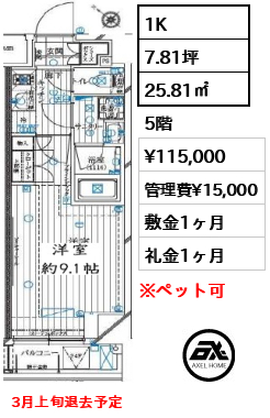 1K 25.81㎡  賃料¥115,000 管理費¥15,000 敷金1ヶ月 礼金1ヶ月 3月上旬退去予定