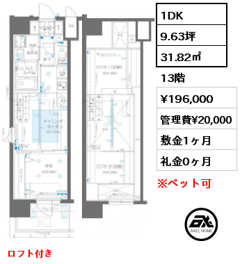 1DK 31.82㎡ 13階 賃料¥196,000 管理費¥20,000 敷金1ヶ月 礼金0ヶ月 ロフト付き