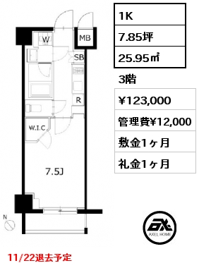 1K 25.95㎡ 3階 賃料¥123,000 管理費¥12,000 敷金1ヶ月 礼金1ヶ月 11/22退去予定