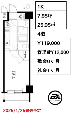 1K 25.95㎡ 4階 賃料¥119,000 管理費¥12,000 敷金0ヶ月 礼金1ヶ月 2025/1/25退去予定