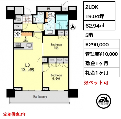 2LDK 62.94㎡ 5階 賃料¥290,000 管理費¥10,000 敷金1ヶ月 礼金1ヶ月 定期借家3年