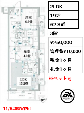 間取り7 2LDK 62.8㎡ 3階 賃料¥250,000 管理費¥10,000 敷金1ヶ月 礼金1ヶ月 11/6以降案内可