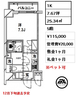 間取り7 1K 25.34㎡ 5階 賃料¥115,000 管理費¥20,000 敷金1ヶ月 礼金1ヶ月 12月下旬退去予定