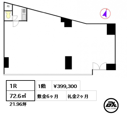 1R 72.6㎡ 1階 賃料¥399,300 敷金6ヶ月 礼金2ヶ月