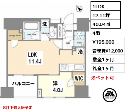 間取り7 1LDK 40.04㎡ 4階 賃料¥195,000 管理費¥12,000 敷金1ヶ月 礼金1ヶ月 8月下旬入居予定