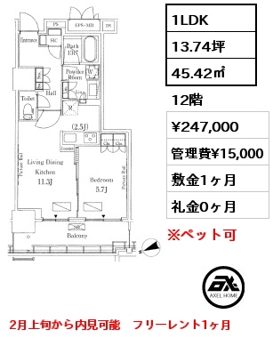 1LDK 45.42㎡ 12階 賃料¥247,000 管理費¥15,000 敷金1ヶ月 礼金0ヶ月 2月上旬から内見可能　フリーレント1ヶ月