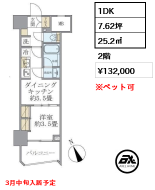 1DK 25.2㎡  賃料¥132,000 3月中旬入居予定