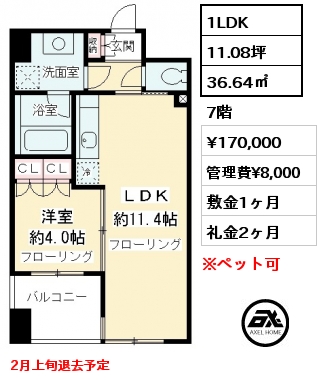 間取り7 1LDK 36.64㎡ 7階 賃料¥170,000 管理費¥8,000 敷金1ヶ月 礼金2ヶ月 2月上旬退去予定