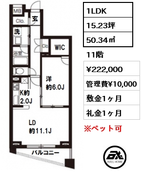 間取り7 1LDK 50.34㎡ 11階 賃料¥222,000 管理費¥10,000 敷金1ヶ月 礼金1ヶ月 　　