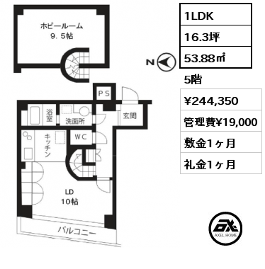 1LDK 53.88㎡ 5階 賃料¥244,350 管理費¥19,000 敷金1ヶ月 礼金1ヶ月