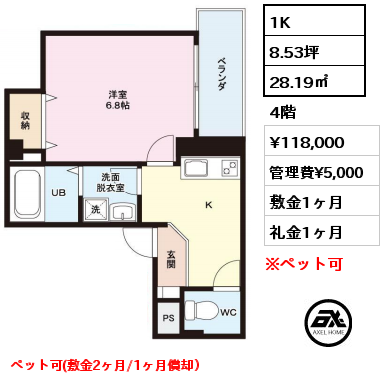 間取り7 1K 28.19㎡ 4階 賃料¥118,000 管理費¥5,000 敷金1ヶ月 礼金1ヶ月 ペット可(敷金2ヶ月/1ヶ月償却）　　