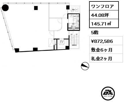 ワンフロア 145.71㎡ 5階 賃料¥872,586 敷金6ヶ月 礼金2ヶ月 　