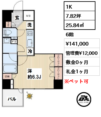 間取り7 1K 25.84㎡  賃料¥141,000 管理費¥12,000 敷金0ヶ月 礼金1ヶ月