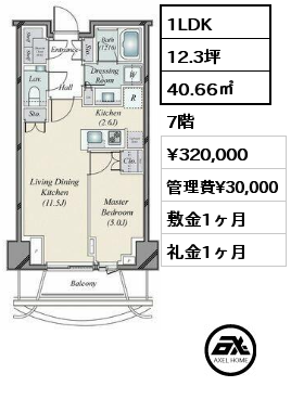 1LDK 40.66㎡ 7階 賃料¥320,000 管理費¥30,000 敷金1ヶ月 礼金1ヶ月