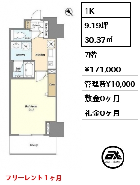 1K 30.37㎡ 7階 賃料¥171,000 管理費¥10,000 敷金0ヶ月 礼金0ヶ月 フリーレント１ヶ月