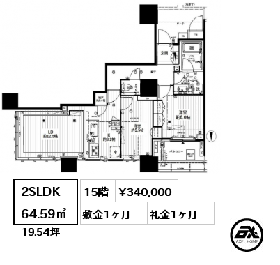 2SLDK 64.59㎡ 15階 賃料¥340,000 敷金1ヶ月 礼金1ヶ月