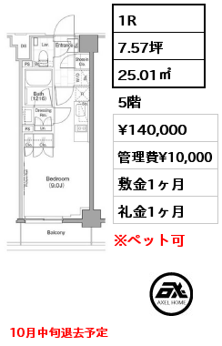 1R 25.01㎡ 5階 賃料¥140,000 管理費¥10,000 敷金1ヶ月 礼金1ヶ月 10月中旬退去予定