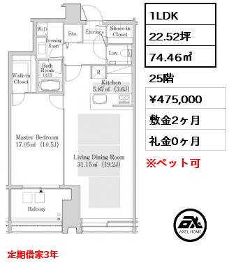 1LDK 74.46㎡ 25階 賃料¥475,000 敷金2ヶ月 礼金0ヶ月 定期借家3年