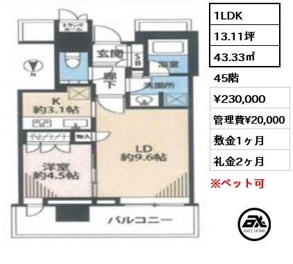 1LDK 43.33㎡ 45階 賃料¥230,000 管理費¥20,000 敷金1ヶ月 礼金2ヶ月