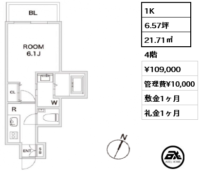 1K 21.71㎡ 4階 賃料¥109,000 管理費¥10,000 敷金1ヶ月 礼金1ヶ月